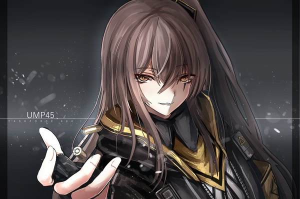 Anime picture 1900x1261 with girls frontline ump45 (girls frontline) haguruma (hagurumali) single long hair looking at viewer fringe highres hair between eyes brown hair brown eyes payot upper body parted lips grey background open jacket character names one side up scar girl