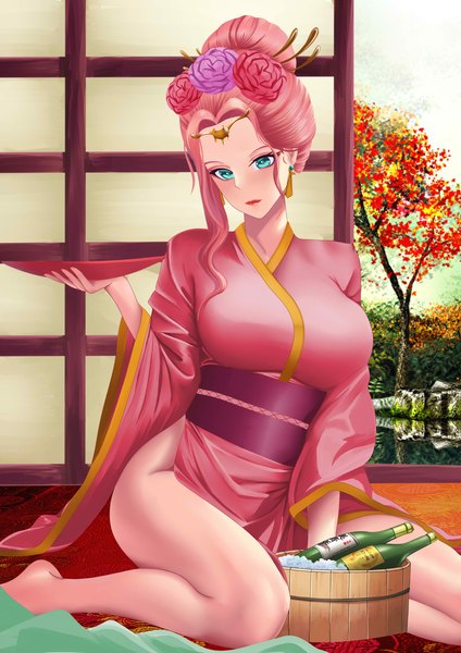 Anime picture 2481x3507 with kusuriya no hitorigoto gyokuyou (kusuriya no hitorigoto) ronikx art single long hair tall image highres breasts light erotic sitting holding pink hair indoors traditional clothes hair flower aqua eyes wide sleeves bare legs hair bun (hair buns) girl