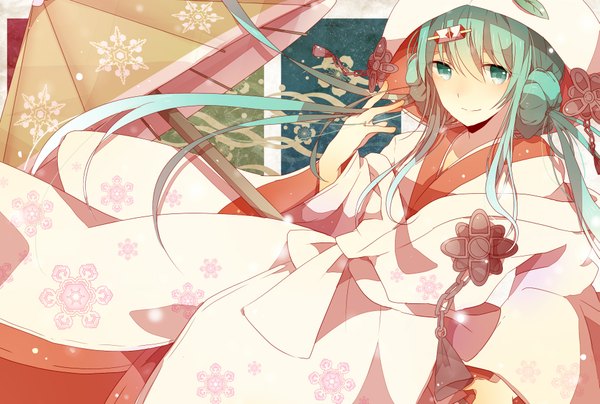 Anime picture 1889x1275 with vocaloid hatsune miku yuki miku yuki miku (2013) sekka single long hair looking at viewer highres twintails traditional clothes japanese clothes aqua eyes aqua hair girl petals kimono umbrella