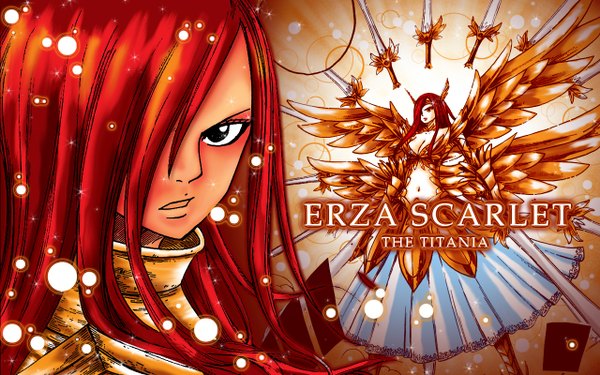 Anime picture 1280x800 with fairy tail erza scarlet single long hair looking at viewer fringe breasts wide image cleavage red hair black eyes hair over one eye wallpaper character names serious girl navel weapon sword armor