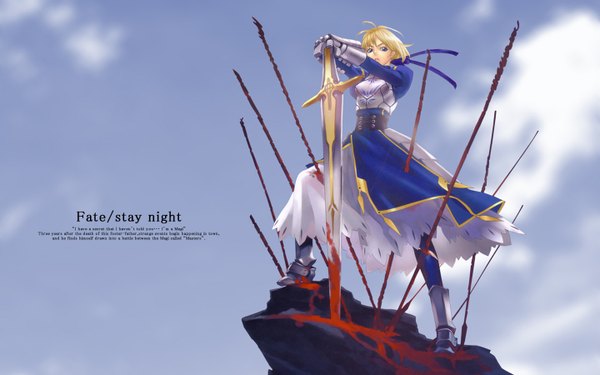 Anime picture 1440x900 with fate (series) fate/stay night studio deen type-moon artoria pendragon (all) saber hakua ugetsu wide image blue background sword blood