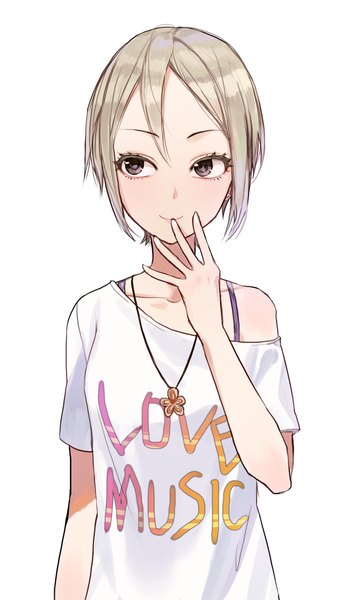 Anime picture 1000x1767 with idolmaster idolmaster cinderella girls shiomi shuuko kim eb single tall image fringe short hair simple background blonde hair smile hair between eyes white background looking away upper body black eyes finger to mouth clothes writing girl pendant