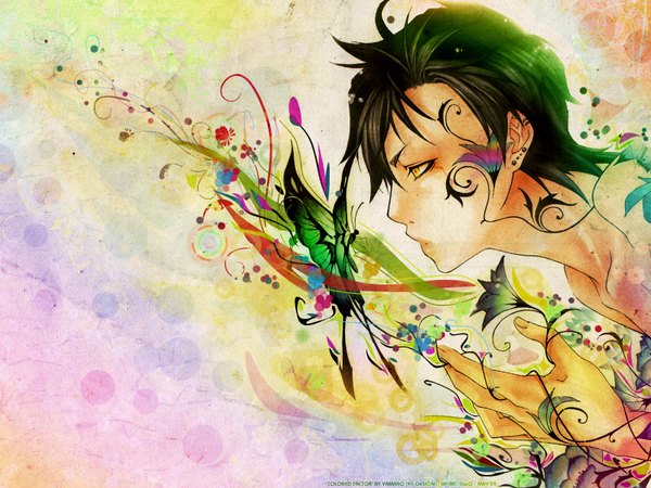 Anime picture 1600x1200 with monochrome factor single fringe short hair black hair yellow eyes looking away upper body parted lips profile tattoo piercing ear piercing abstract boy flower (flowers) plant (plants) insect butterfly hand