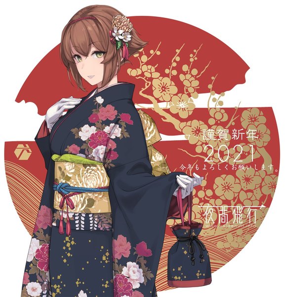 Anime picture 1280x1330 with kantai collection mutsu battleship rokuwata tomoe single tall image fringe short hair hair between eyes brown hair green eyes traditional clothes japanese clothes floral print new year 2021 nengajou girl gloves hair ornament white gloves