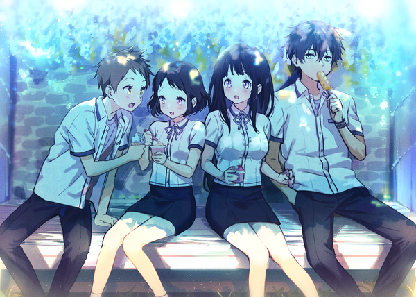 Anime picture 1400x1000 with hyouka kyoto animation chitanda eru oreki houtarou ibara mayaka fukube satoshi mery (yangmalgage) long hair blush fringe short hair open mouth black hair hair between eyes brown hair sitting purple eyes multiple girls yellow eyes multiple boys