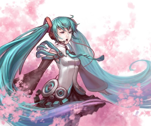 Anime picture 1500x1250 with vocaloid hatsune miku yukiusagi1983 single fringe open mouth twintails very long hair aqua eyes wind aqua hair tears spread arms singing girl skirt detached sleeves necktie headphones microphone