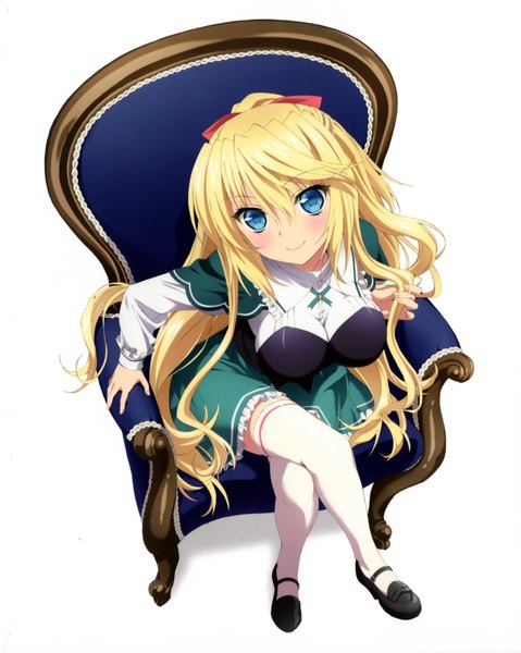 Anime picture 3216x4026 with absolute duo 8bit lilith bristol single long hair tall image blush highres blue eyes simple background blonde hair smile white background absurdres scan crossed legs girl thighhighs dress white thighhighs