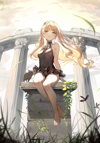 Anime picture 4000x5755 with original dampi single long hair tall image fringe highres open mouth light erotic blonde hair sitting bare shoulders green eyes looking away absurdres sky cloud (clouds) blunt bangs barefoot wind