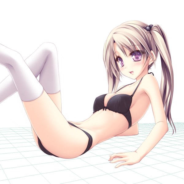 Anime picture 1400x1400 with tenmaso single long hair blush open mouth light erotic blonde hair purple eyes twintails underwear only girl thighhighs underwear panties white thighhighs