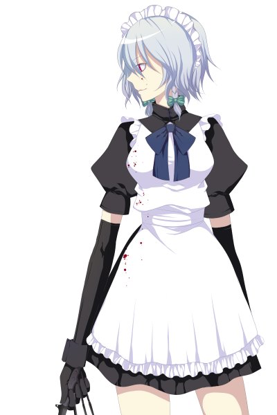 Anime picture 800x1200 with touhou izayoi sakuya single tall image short hair simple background red eyes standing white background looking away silver hair braid (braids) profile short sleeves maid puffy sleeves twin braids girl dress gloves