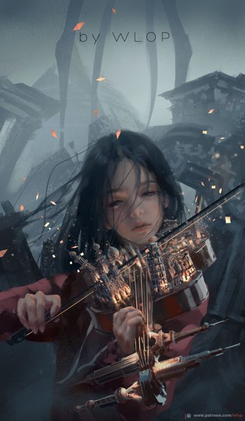 Anime picture 1042x1792 with original wlop single long hair tall image fringe hair between eyes standing holding signed parted lips head tilt lips glowing watermark looking down playing instrument girl petals musical instrument