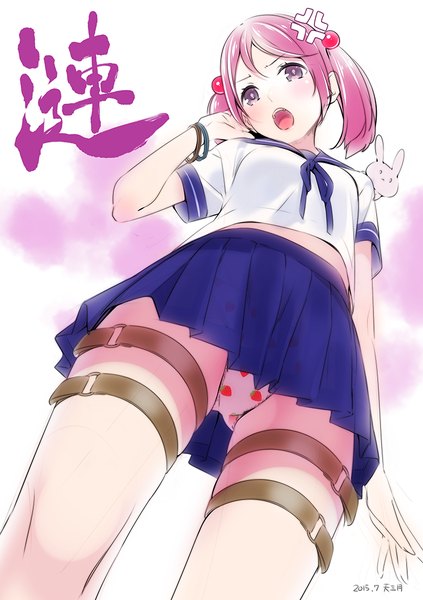 Anime picture 776x1100 with kantai collection sazanami destroyer ama mitsuki single tall image looking at viewer blush fringe short hair open mouth light erotic standing white background twintails signed pink hair pleated skirt teeth from below short sleeves