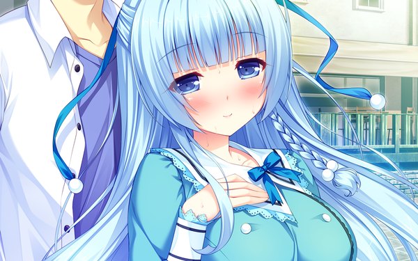 Anime picture 1280x800 with boku to koi suru ponkotsu akuma. ayasaki yuu sayori long hair blush blue eyes smile blue hair game cg braid (braids) couple girl dress boy ribbon (ribbons) hair ribbon