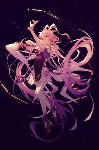 Anime picture 1200x1822 with honkai: star rail honkai (series) fu xuan (honkai: star rail) faithom single tall image looking at viewer twintails yellow eyes pink hair full body very long hair high heels low twintails black background hair rings girl dress detached sleeves pantyhose