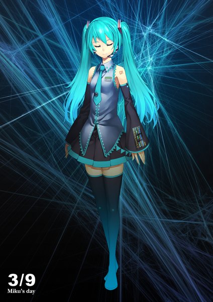 Anime picture 1131x1600 with vocaloid hatsune miku kunieda single long hair tall image twintails eyes closed nail polish light smile aqua hair 39 girl detached sleeves necktie thigh boots