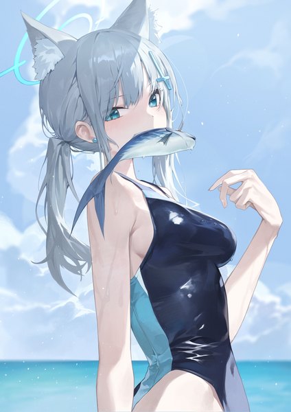 Anime-Bild 1736x2456 mit blue archive shiroko (blue archive) shiroko (swimsuit) (blue archive) ssangbong-llama single long hair tall image looking at viewer blush fringe highres breasts blue eyes light erotic standing holding animal ears sky cloud (clouds) outdoors