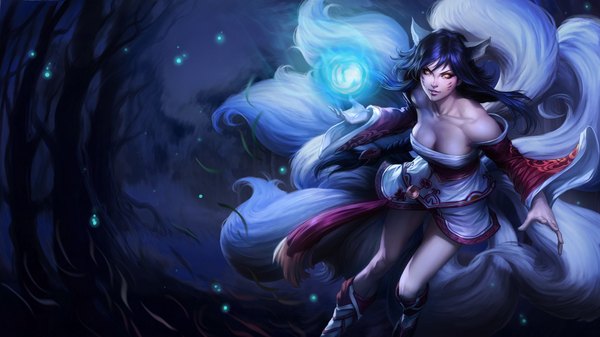 Anime picture 1920x1080 with league of legends ahri (league of legends) artgerm (stanley lau) single long hair looking at viewer fringe highres breasts light erotic black hair hair between eyes wide image bare shoulders signed animal ears yellow eyes cleavage bent knee (knees) tail