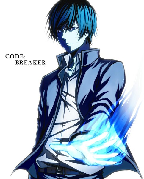 Anime picture 826x1024 with code: breaker kinema citrus ogami rei tall image looking at viewer fringe short hair blue eyes simple background white background blue hair glowing serious uniform school uniform shirt belt pants