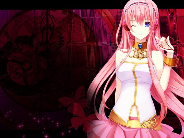 Anime picture 1600x1200 with vocaloid megurine luka yuuki kira single long hair blue eyes pink hair one eye closed wink girl headphones collar