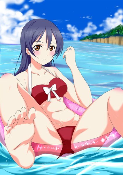 Anime picture 1000x1414 with love live! school idol project sunrise (studio) love live! sonoda umi frolaytia single long hair tall image looking at viewer blush light erotic brown eyes blue hair sky cloud (clouds) legs pov feet girl navel