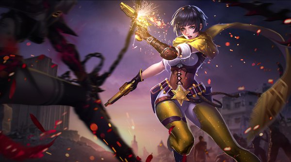 Anime picture 1920x1069 with arena of valor violet (arena of valor) fringe highres short hair open mouth blue eyes black hair wide image blunt bangs official art sparkle solo focus girl gloves weapon scarf gun corset revolver