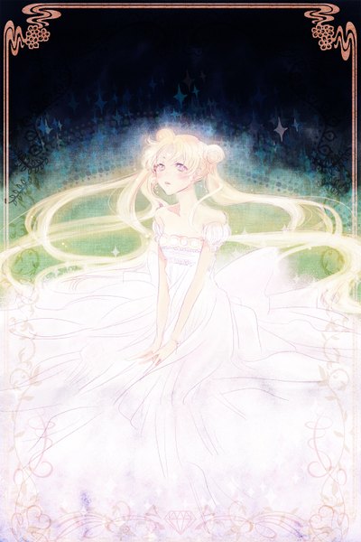 Anime picture 1022x1534 with bishoujo senshi sailor moon toei animation princess serenity dolcexxx single long hair tall image blonde hair sitting twintails bare shoulders very long hair hair bun (hair buns) dark background girl dress bracelet white dress