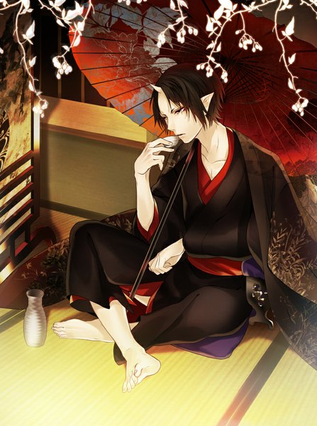 Anime picture 656x880 with hoozuki no reitetsu wit studio hoozuki (hoozuki no reitetsu) kyo zip single tall image short hair black hair sitting holding looking away traditional clothes parted lips japanese clothes barefoot horn (horns) pointy ears wide sleeves crossed legs floral print