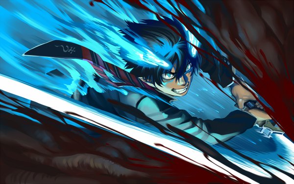 Anime picture 1440x900 with ao no exorcist a-1 pictures okumura rin short hair blue eyes wide image blue hair pointy ears teeth fang (fangs) boy sword necktie katana blood flame