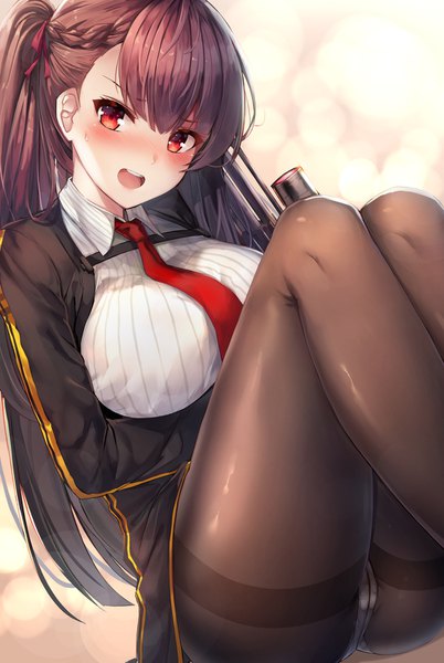 Anime picture 1100x1641 with girls frontline wa2000 (girls frontline) motokonut single long hair tall image looking at viewer blush fringe breasts open mouth light erotic simple background hair between eyes red eyes large breasts sitting purple hair bent knee (knees) braid (braids)