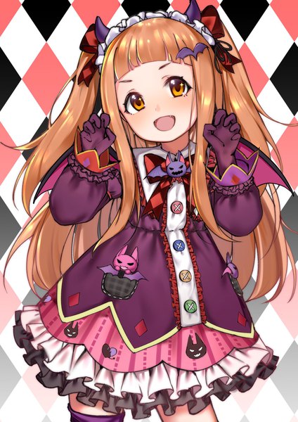 Anime picture 1447x2048 with idolmaster idolmaster cinderella girls ichihara nina sunege (hp0715) single long hair tall image looking at viewer fringe open mouth brown hair standing blunt bangs :d horn (horns) orange eyes two side up halloween frilled dress cute