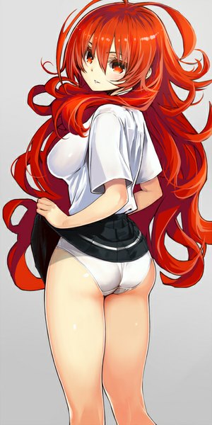 Anime picture 420x840 with kawakami masaki long hair tall image looking at viewer breasts light erotic simple background smile red eyes large breasts standing red hair pleated skirt looking back grey background skirt lift girl skirt underwear panties