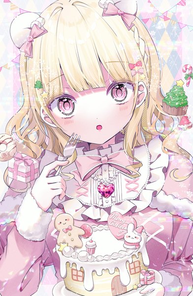 Anime picture 2679x4096 with original chibana sora single long hair tall image looking at viewer fringe highres open mouth blonde hair blunt bangs pink eyes sparkle christmas wavy hair merry christmas girl dress bow hair bow