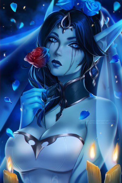 Anime picture 600x900 with league of legends morgana (league of legends) olchas single long hair tall image looking at viewer breasts blue eyes light erotic black hair large breasts bare shoulders holding signed cleavage upper body hair flower pointy ears realistic