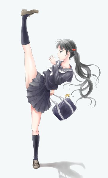 Anime picture 726x1200 with original nuwanko single long hair tall image fringe black hair simple background standing white background twintails holding looking away pleated skirt shadow grey eyes leg lift (legs lift) girl skirt uniform