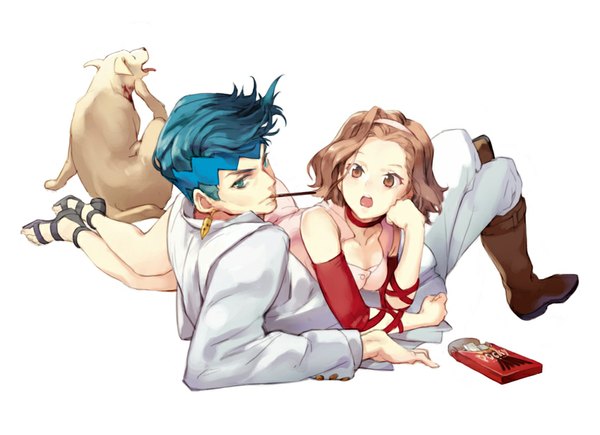 Anime picture 1000x726 with jojo no kimyou na bouken kishibe rohan sugimoto reimi arnold (jojo) comet (teamon) looking at viewer short hair open mouth blue eyes simple background brown hair white background brown eyes blue hair lying head rest girl dress boy detached sleeves