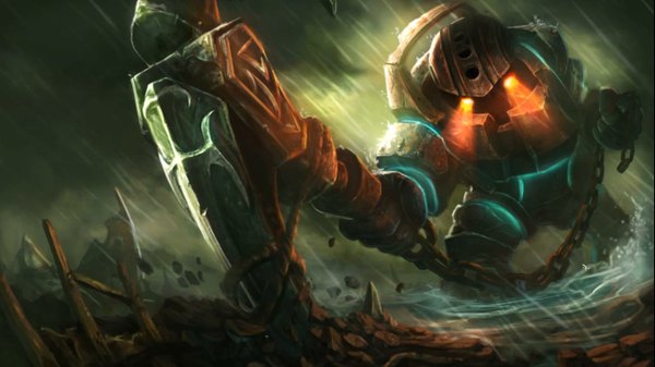 Anime picture 1366x768 with league of legends nautilus (league of legends) red eyes wide image rain ruins destruction water chain anchor