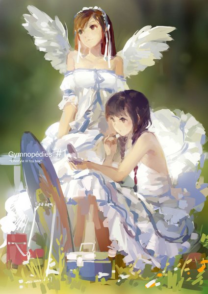 Anime picture 744x1052 with original hjl long hair tall image black hair brown hair bare shoulders multiple girls brown eyes signed braid (braids) inscription twin braids white wings girl dress 2 girls plant (plants) wings headdress