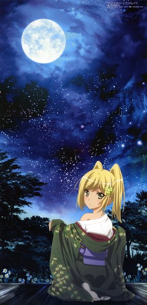 Anime picture 4074x8449 with magical suite prism nana shaft (studio) megami magazine asagi asuka mikami tomoe single tall image highres short hair blonde hair green eyes absurdres traditional clothes japanese clothes looking back night official art girl kimono moon