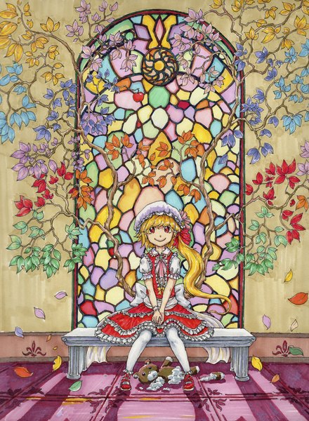 Anime-Bild 2440x3325 mit touhou flandre scarlet hupose deheluo single long hair tall image looking at viewer highres blonde hair smile red eyes sitting indoors shadow short sleeves puffy sleeves side ponytail frilly skirt traditional media low wings