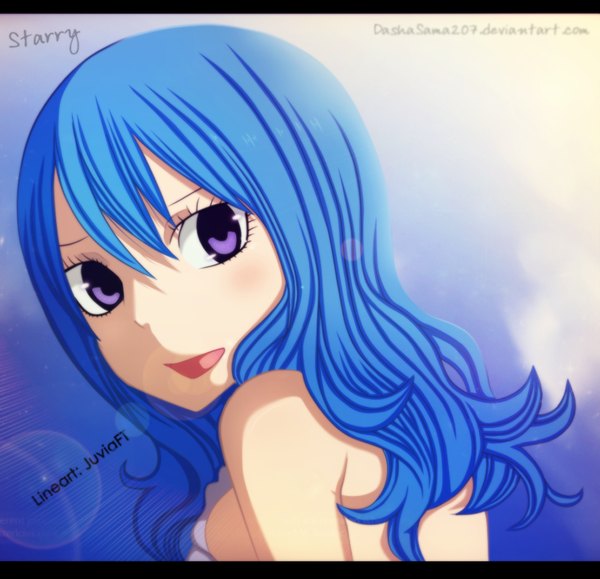 Anime picture 1000x965 with fairy tail juvia lockser dashasama207 single long hair open mouth bare shoulders blue hair pink eyes looking back sunlight coloring portrait face girl