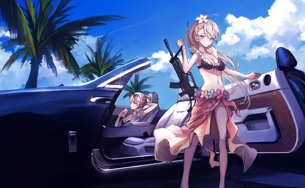 Anime picture 2048x1263 with girls frontline g36 (girls frontline) welrod mk2 (girls frontline) koh (minagi kou) long hair looking at viewer blush highres short hair breasts blue eyes light erotic blonde hair wide image standing sitting multiple girls holding sky cleavage