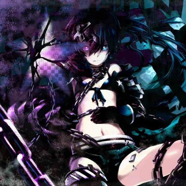 Anime picture 1120x1120 with black rock shooter black rock shooter (character) insane black rock shooter single long hair black hair twintails heterochromia serious girl gloves shorts star (symbol) short shorts chain bikini top