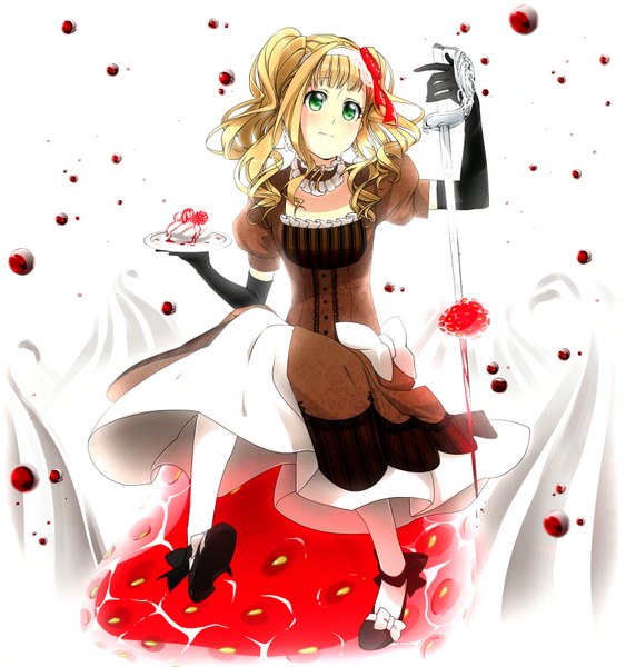 Anime picture 1648x1757 with kuroshitsuji a-1 pictures elizabeth middleford single long hair tall image blonde hair twintails green eyes looking away girl dress gloves weapon sword elbow gloves food sweets blood berry (berries)