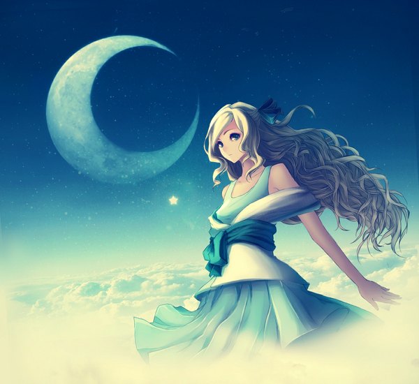 Anime picture 1097x1007 with vocaloid seeu single long hair fringe blue eyes blonde hair looking away cloud (clouds) crescent weightlessness soft beauty girl dress bow ribbon (ribbons) hair ribbon star (symbol) moon