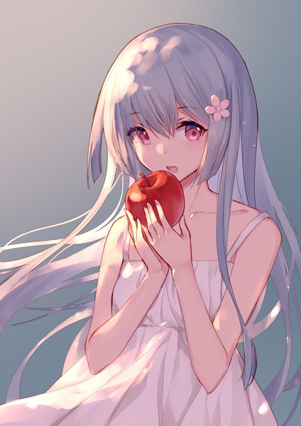 Anime picture 1000x1415 with original bison cangshu single long hair tall image looking at viewer blush fringe open mouth simple background hair between eyes red eyes standing holding payot hair flower grey hair sleeveless gradient background floating hair