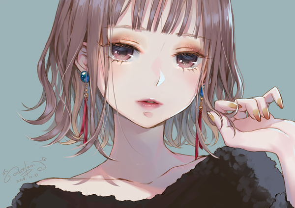 Anime picture 1000x707 with original ao+beni single looking at viewer blush fringe short hair simple background brown hair brown eyes signed upper body blunt bangs nail polish parted lips fingernails lips lipstick dated portrait