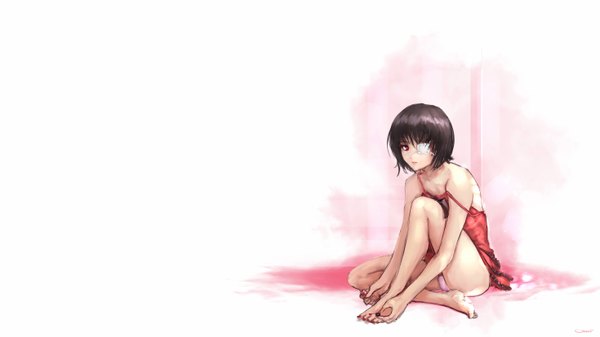 Anime picture 2940x1654 with another p.a. works misaki mei darren geers single looking at viewer highres short hair breasts black hair red eyes wide image white background sitting nail polish bare legs no shoes flat chest girl dress