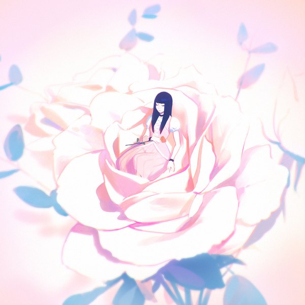 Anime picture 1080x1080 with original ilya kuvshinov single long hair fringe black hair holding blunt bangs eyes closed lips short sleeves puffy sleeves girl dress flower (flowers) choker bracelet rose (roses) jewelry