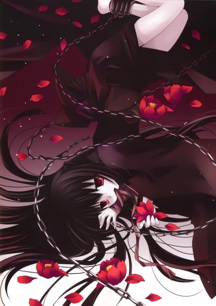 Anime picture 4908x6967 with original sakurazawa izumi single long hair tall image highres black hair red eyes absurdres scan girl dress flower (flowers) petals chain