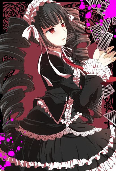 Anime picture 1000x1466 with dangan ronpa celestia ludenberg kaname ihnk single long hair tall image open mouth black hair red eyes twintails looking away drill hair girl dress frills headdress card (cards)